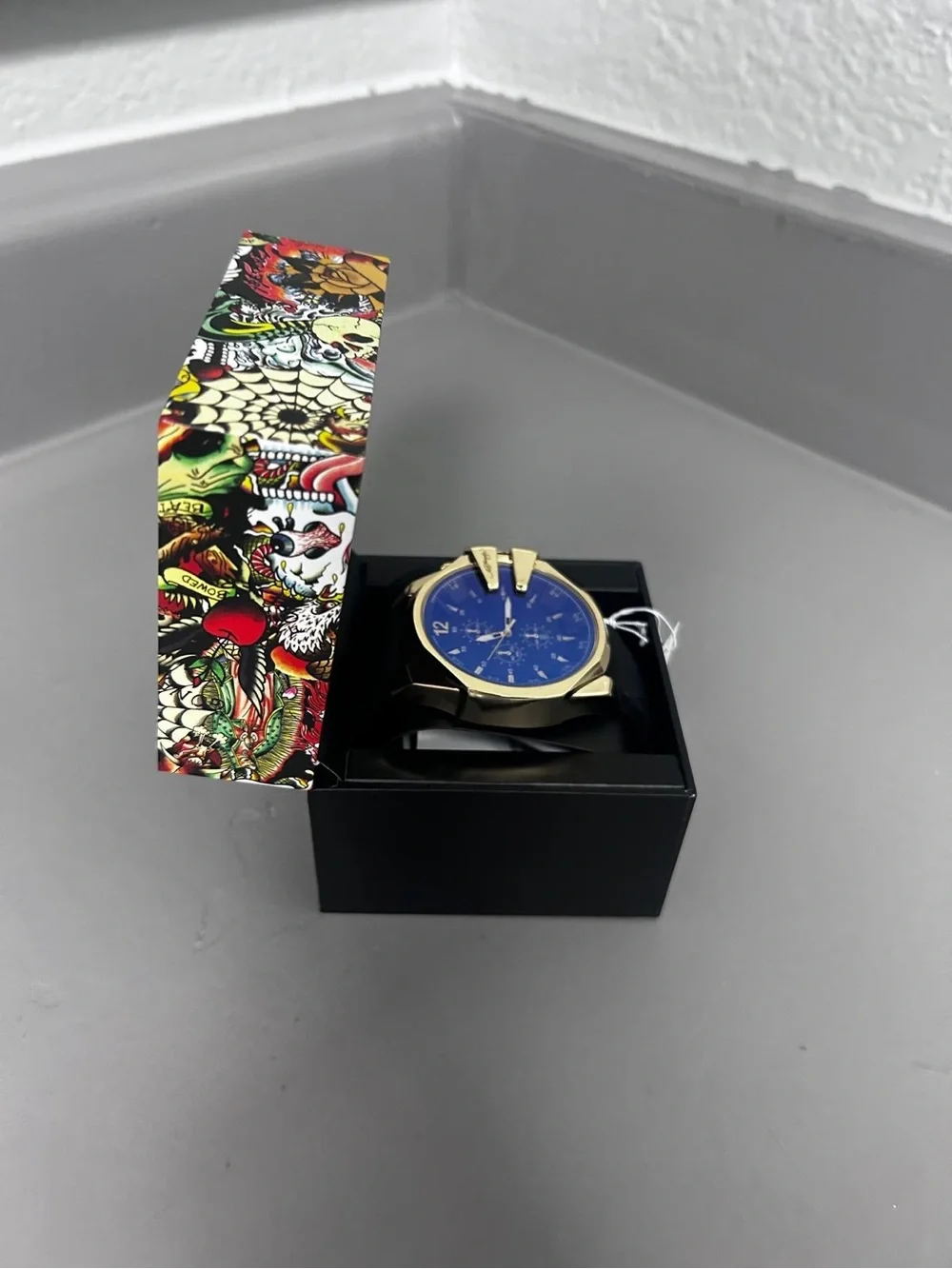 Ed Hardy Gold-Tone Case with Blue Dial Men's Watch